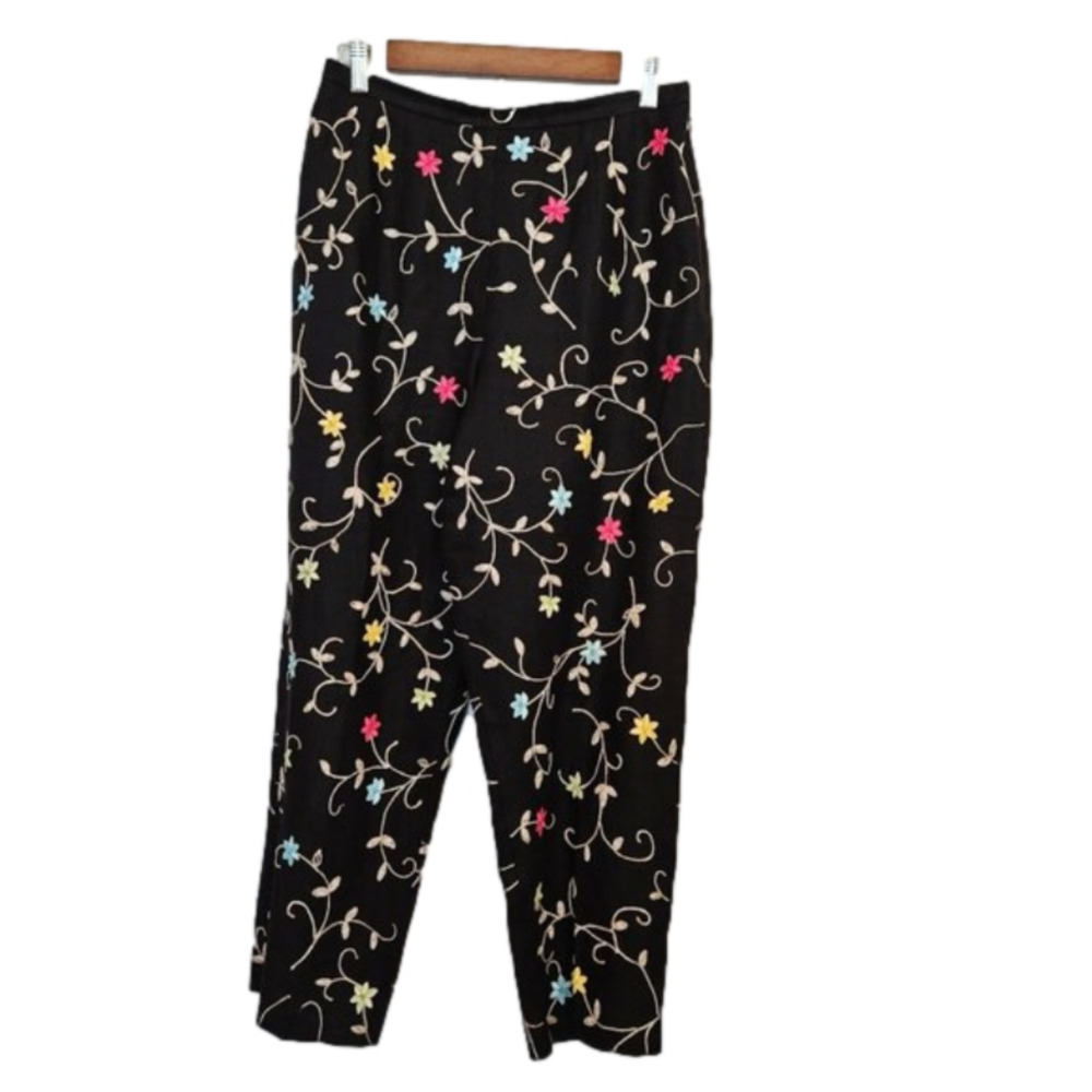 TALBOTS High Rise Irish Linen Floral‎ Embroidered Black Ankle Pants 10P